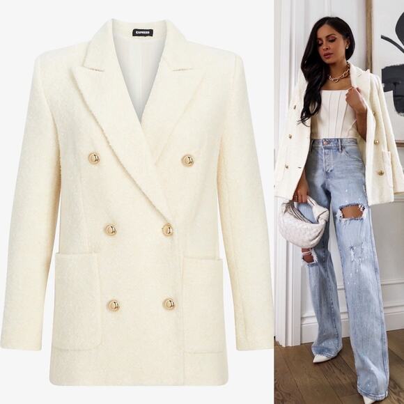 Express Wool-Blend Double Breasted Novelty Button Blazer in Ivory & Gold - Picture 3 of 17